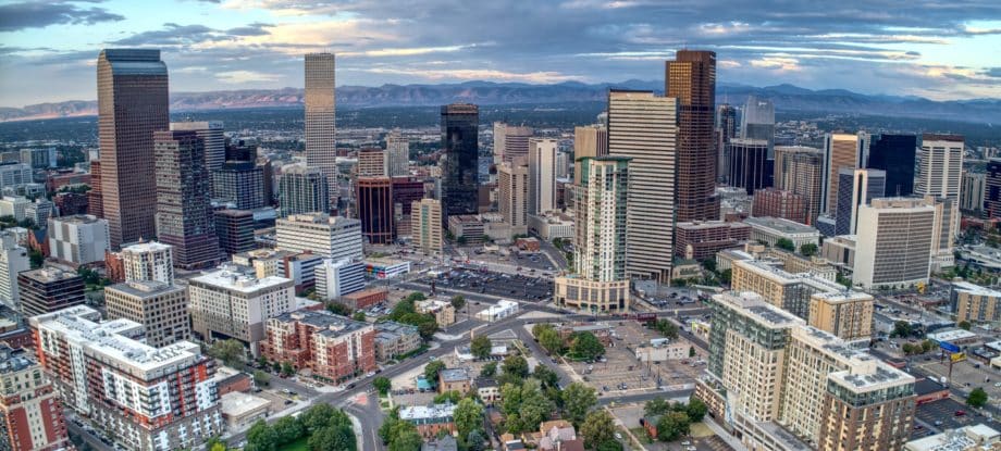 A birds-eye-view of downtown Denver, Colorado on a cloudy day.