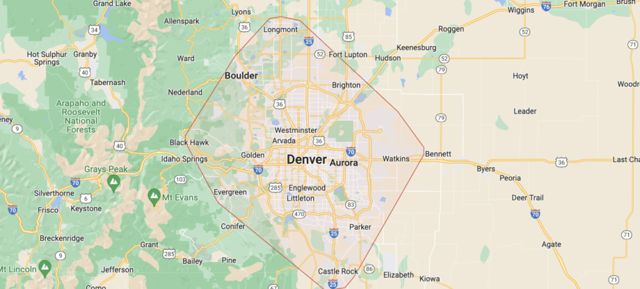 A map of the city of Denver, Colorado, its surrounding area, and the service area of PNG Garage Doors LLC..