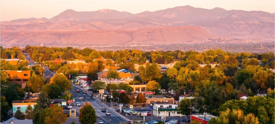 A view of downtown Wheat Ridge, and the Colorado Front Range